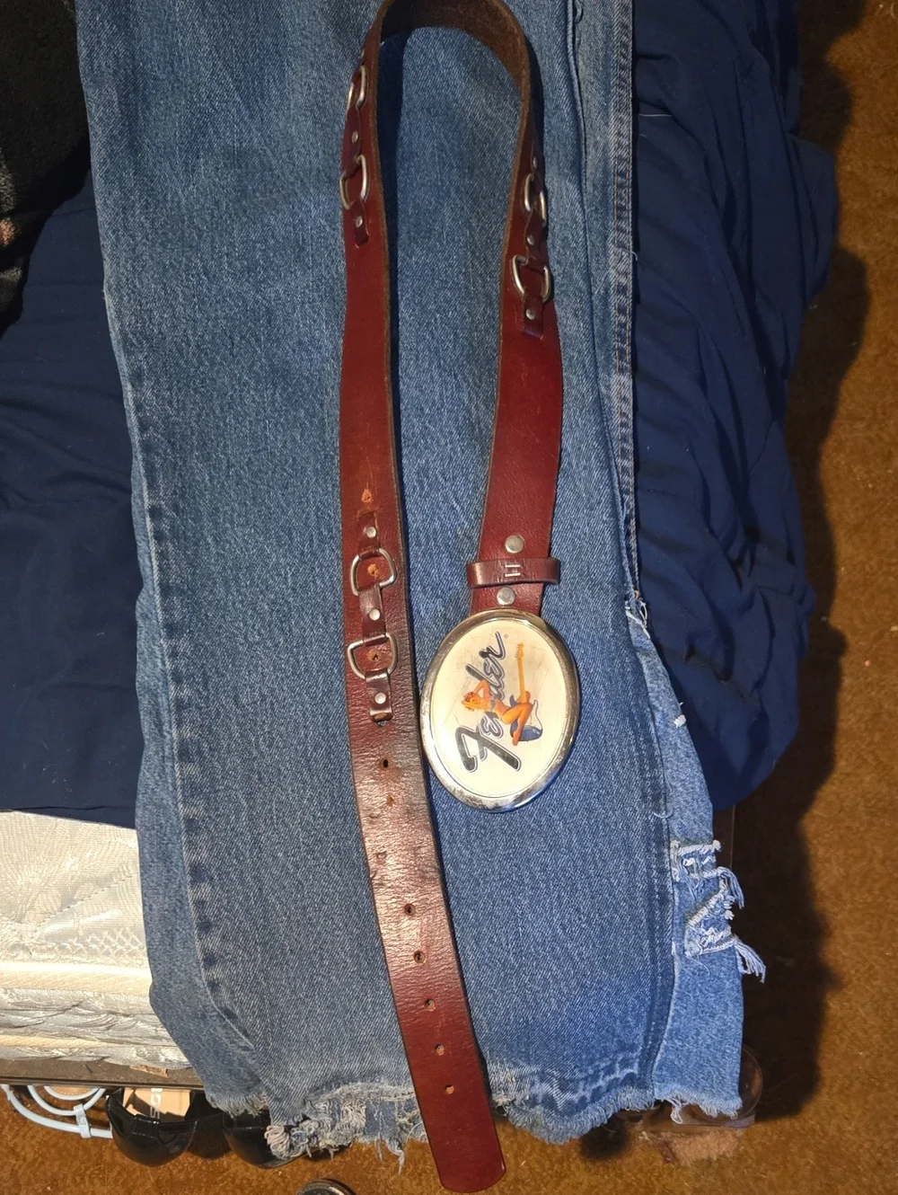 Vintage Brown Leather Belt with Fender Guitar Pinup Buckle